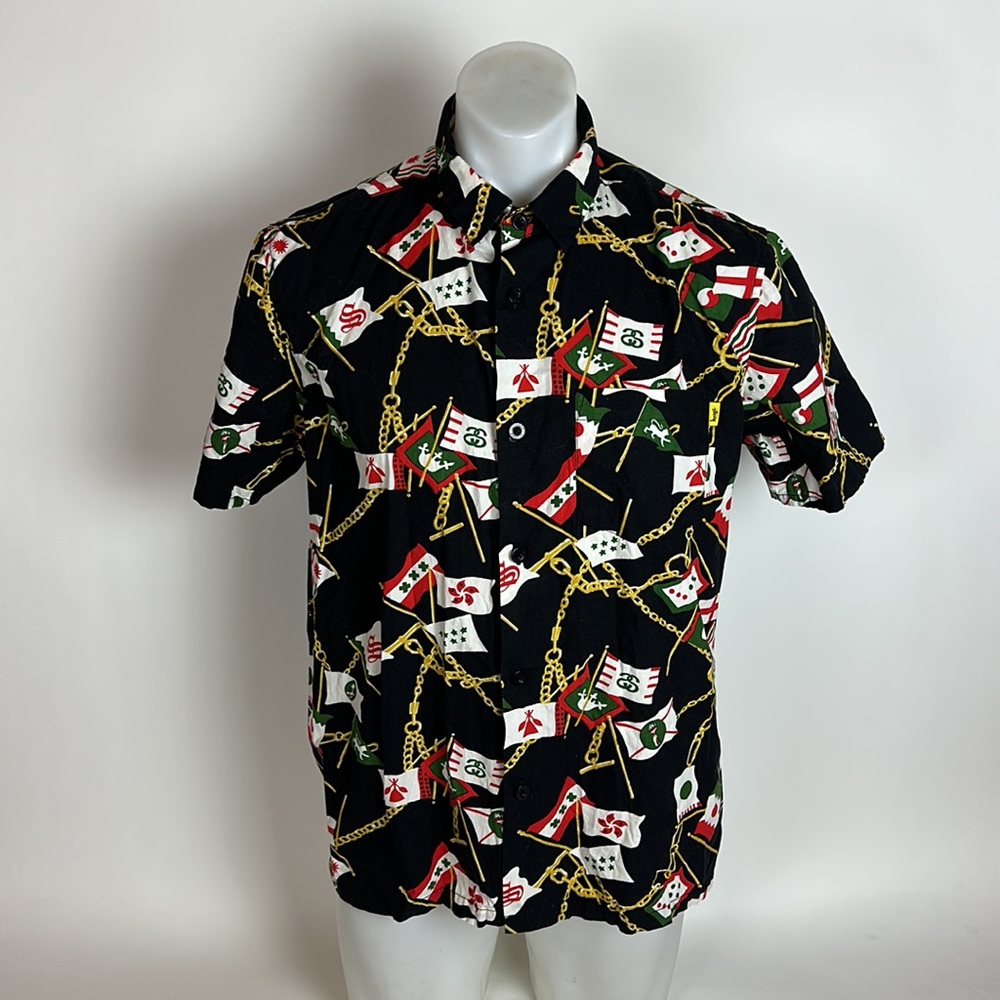 Stussy Flags & Chains Shirt Button Up New men Black Short Sleeve Size L